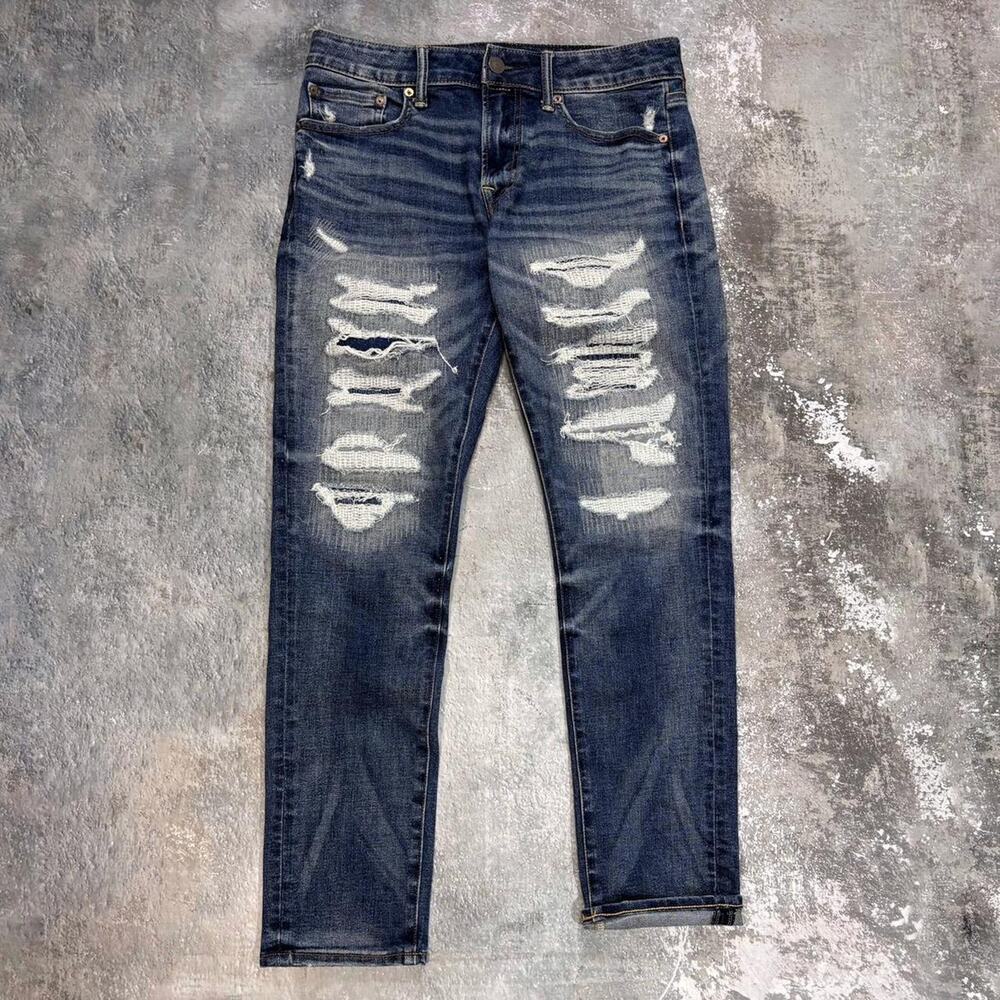 Y2K Boro Overstitched American Eagle Jeans. Distressed Faded. 32 x 30